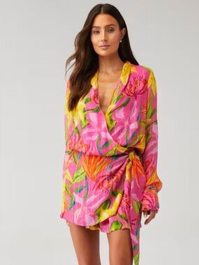 Rococo Sand Bright Multicolor Floral Front Wrap Romper Long Sleeves Size Small